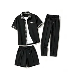 Men'sWaffle 3-in-1 Outfit Set Plaid Trim Lapel Short Sleeve Shirt+Drawstring Long Pants & Shorts Summer Casual Two-Way Wear Suit