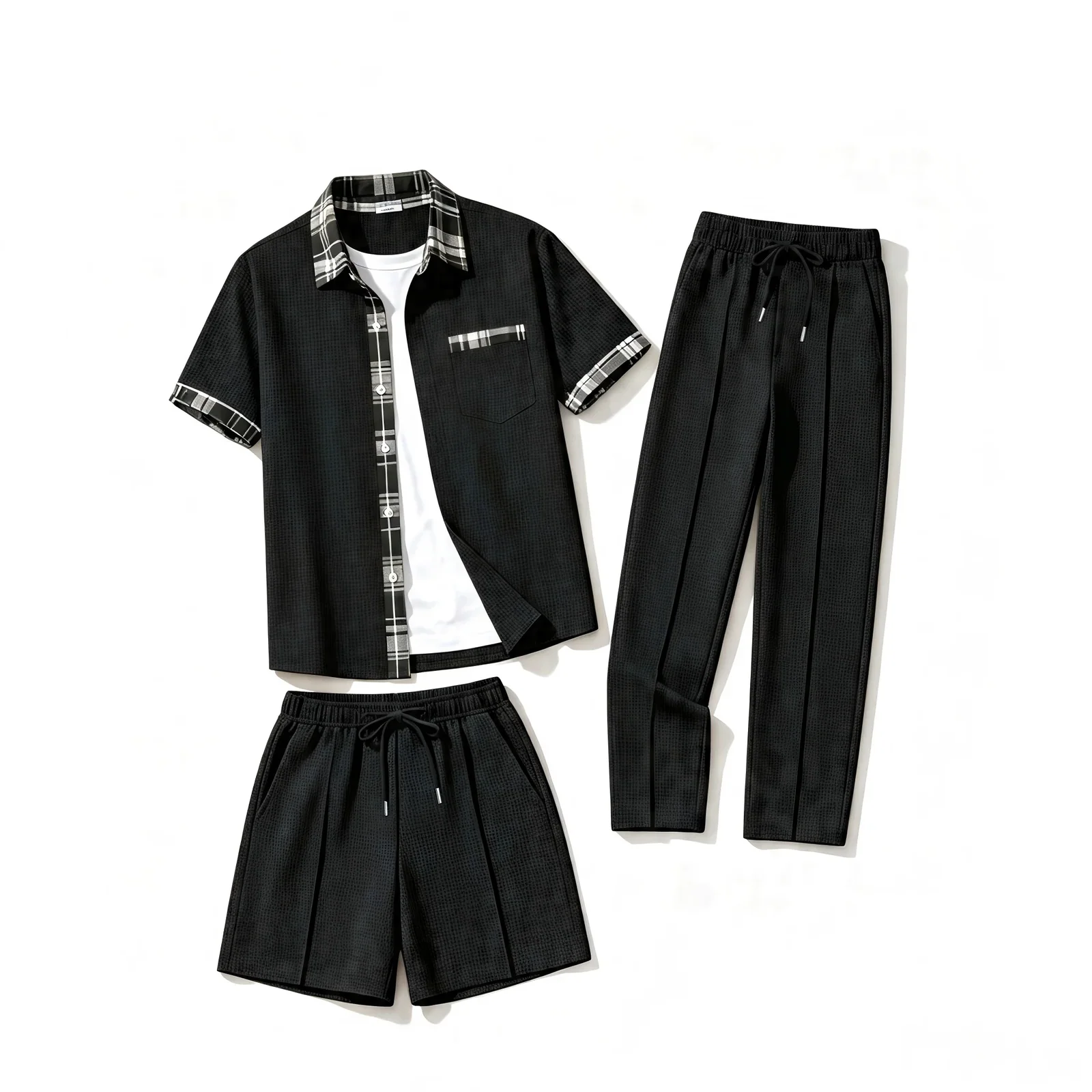 Men'sWaffle 3-in-1 Outfit Set Plaid Trim Lapel Short Sleeve Shirt+Drawstring Long Pants & Shorts Summer Casual Two-Way Wear Suit