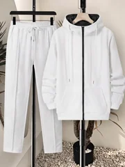 Men 2 Piece Tracksuit Set Textured Full Zip Hooded Jacket + Drawstring Straight Pants Casual Matching Outfit