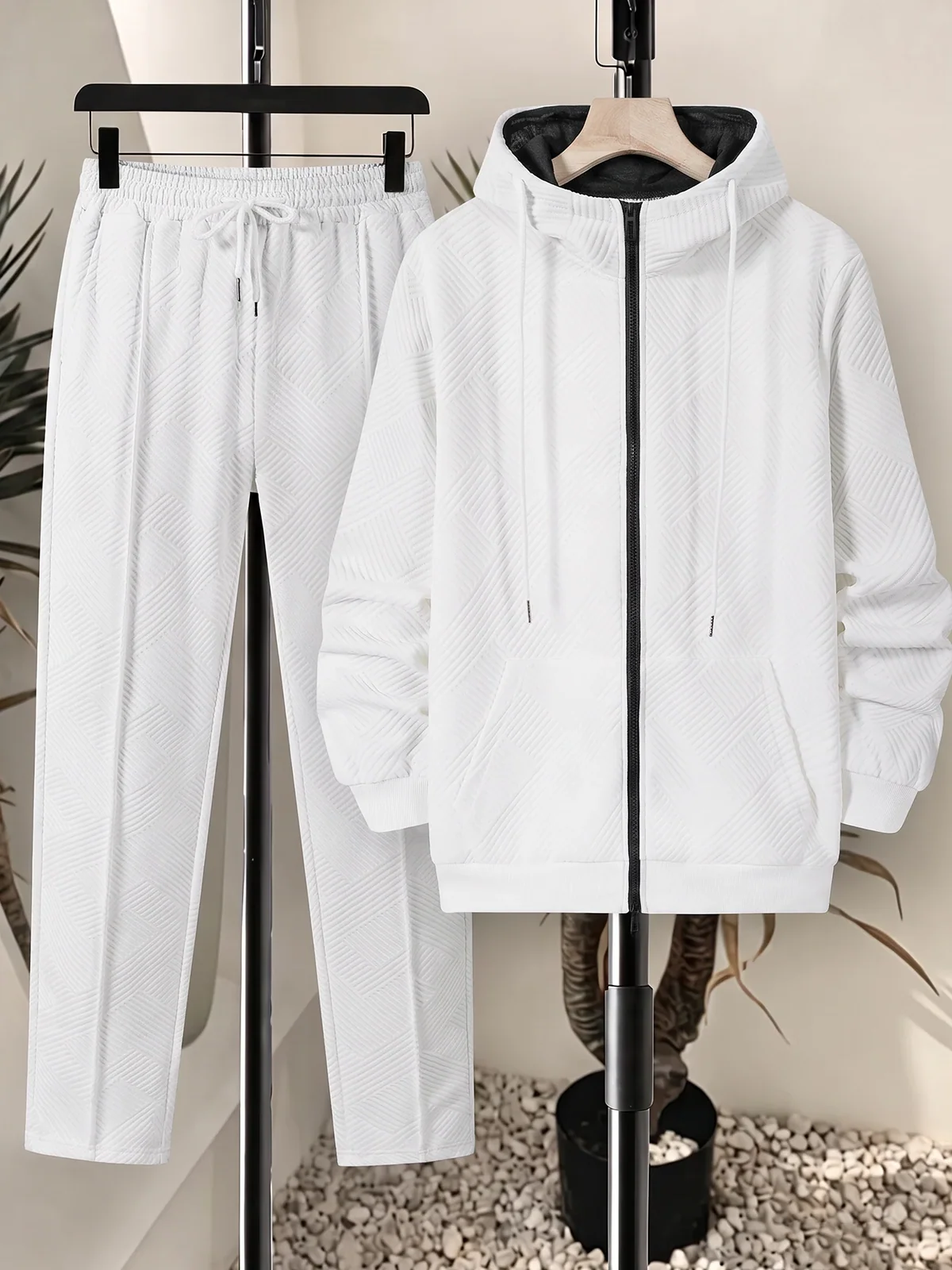 Men 2 Piece Tracksuit Set Textured Full Zip Hooded Jacket + Drawstring Straight Pants Casual Matching Outfit