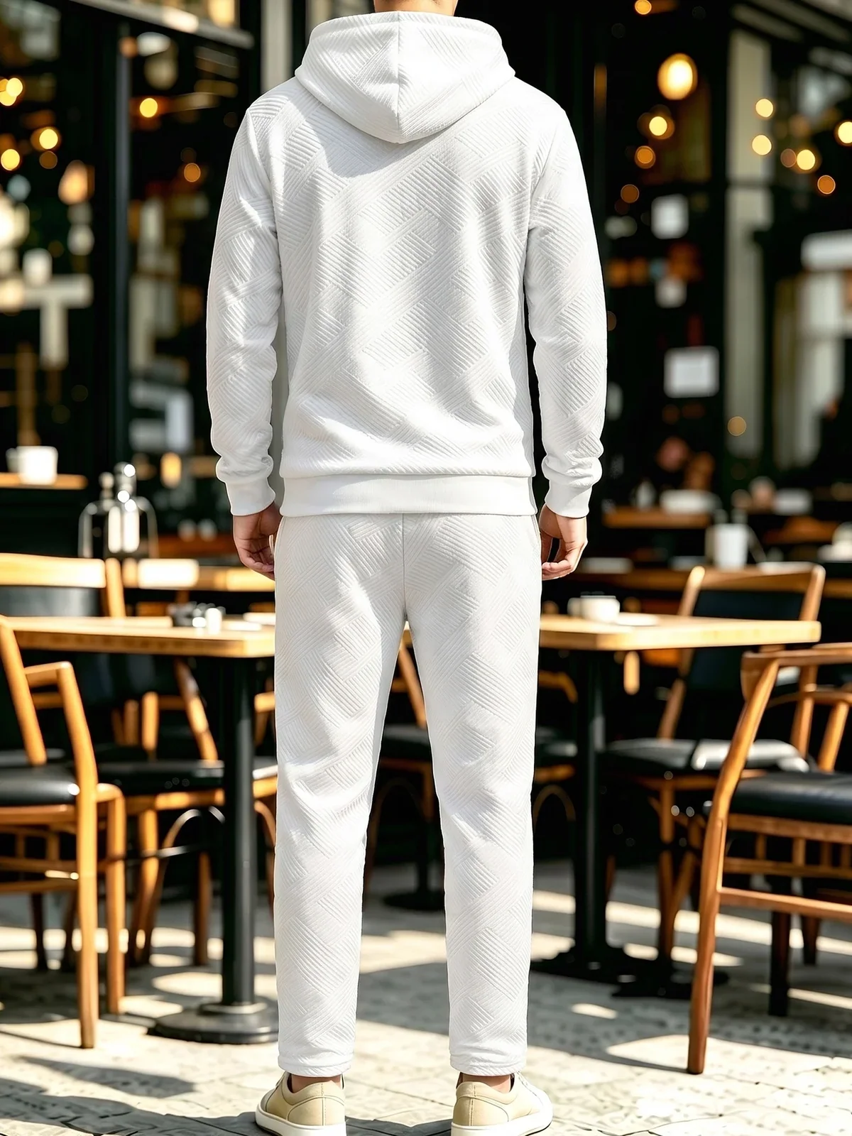 Men 2 Piece Tracksuit Set Textured Full Zip Hooded Jacket + Drawstring Straight Pants Casual Matching Outfit