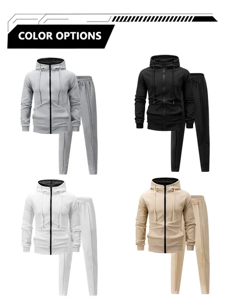 Men 2 Piece Tracksuit Set Textured Full Zip Hooded Jacket + Drawstring Straight Pants Casual Matching Outfit