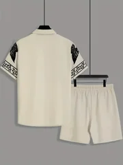 Men Loose Two‑Piece Set Sketch Floral Border Print Shirt Drawstring Printed Short Pant Daily Leisure Outfit