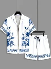 Men Loose Two‑Piece Set Sketch Floral Border Print Shirt Drawstring Printed Short Pant Daily Leisure Outfit