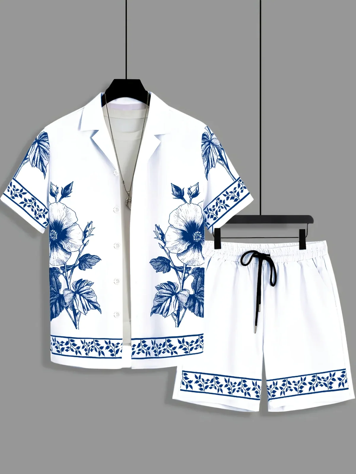 Men Loose Two‑Piece Set Sketch Floral Border Print Shirt Drawstring Printed Short Pant Daily Leisure Outfit