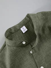 Lightly Mature Commuter Style Men's Two-Piece Suit, Faux Linen Texture Stand-Up Collar Shirt and Shorts, Army Green Casual Loose Fit Men's Summer Daily Wear
