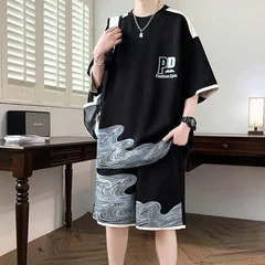 Handsome Teen Male Summer Athleisure Ice Silk Short Sleeve Shorts Two Piece Set Casual Sporty Style