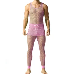 Sexy Fishnet Men's Tank Top Sets Hollow Out Vests + Tight Pants Clothing Set See-through Sports Wear