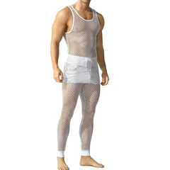 Sexy Fishnet Men's Tank Top Sets Hollow Out Vests + Tight Pants Clothing Set See-through Sports Wear