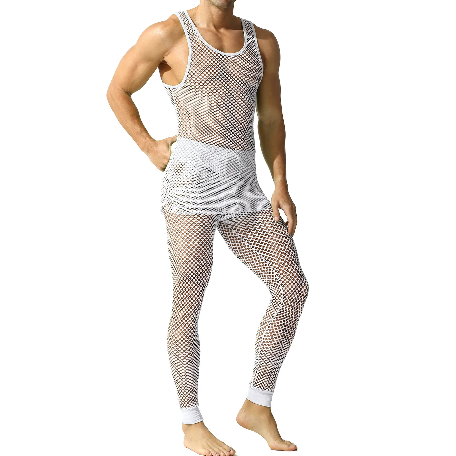 Sexy Fishnet Men's Tank Top Sets Hollow Out Vests + Tight Pants Clothing Set See-through Sports Wear