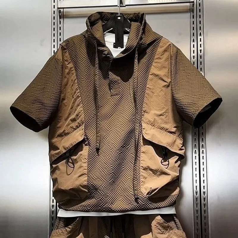 2026 Men's 2 Piece Tracksuit Summer Hooded Short Sleeve T-Shirt & Cargo Shorts Quick Dry Breathable Textured Sportswear