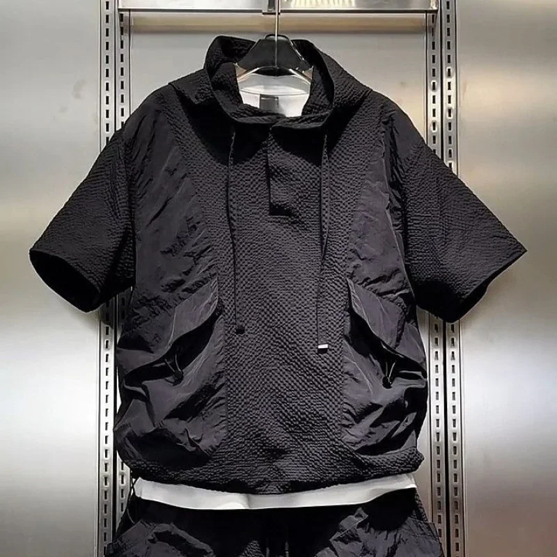 2026 Men's 2 Piece Tracksuit Summer Hooded Short Sleeve T-Shirt & Cargo Shorts Quick Dry Breathable Textured Sportswear