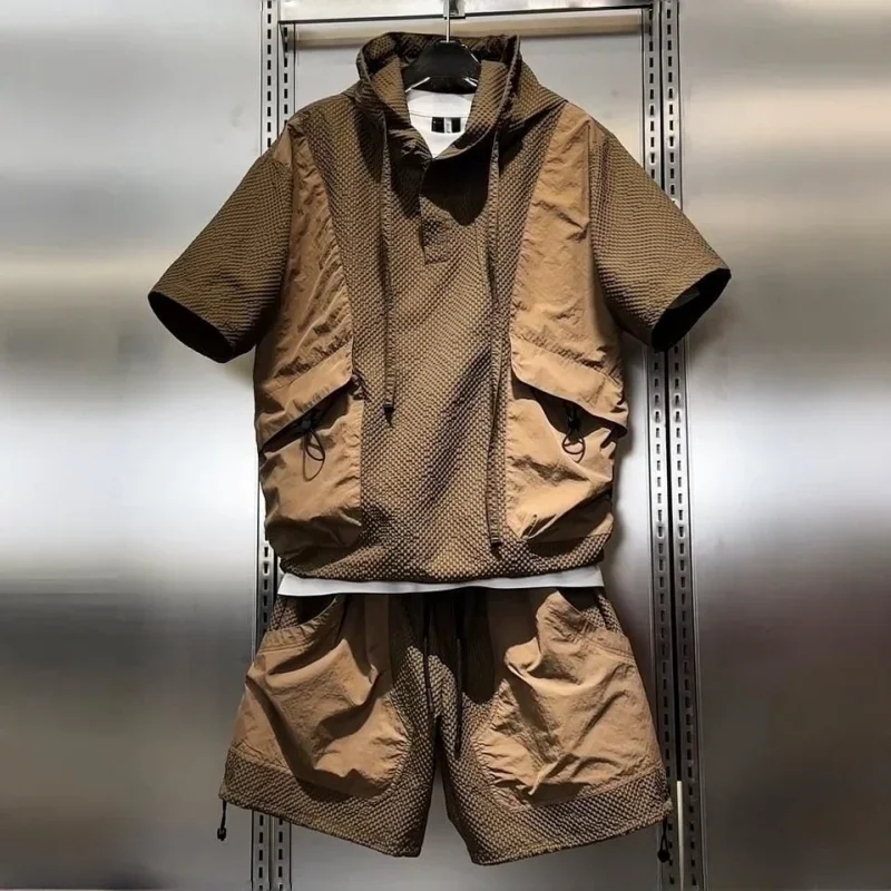 2026 Men's 2 Piece Tracksuit Summer Hooded Short Sleeve T-Shirt & Cargo Shorts Quick Dry Breathable Textured Sportswear