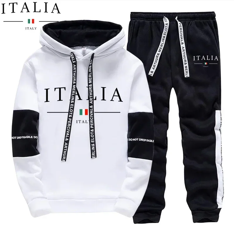 Autumn Winter Men's Tracksuit Casual Hooded Sweatshirts Outdoors Sports Jogging Clothing Classic Black White Single Hoodie Pants