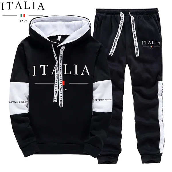 Autumn Winter Men's Tracksuit Casual Hooded Sweatshirts Outdoors Sports Jogging Clothing Classic Black White Single Hoodie Pants