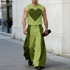 INCERUN Men's Sets Patchwork Color-block Sleeveless Tank Tops Wide Leg Pants Two Piece Sets Streetwear Fashion Men Matching Sets