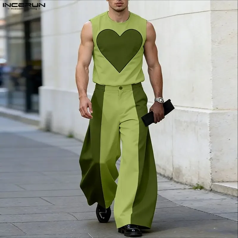 INCERUN Men's Sets Patchwork Color-block Sleeveless Tank Tops Wide Leg Pants Two Piece Sets Streetwear Fashion Men Matching Sets