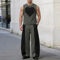 INCERUN Men's Sets Patchwork Color-block Sleeveless Tank Tops Wide Leg Pants Two Piece Sets Streetwear Fashion Men Matching Sets