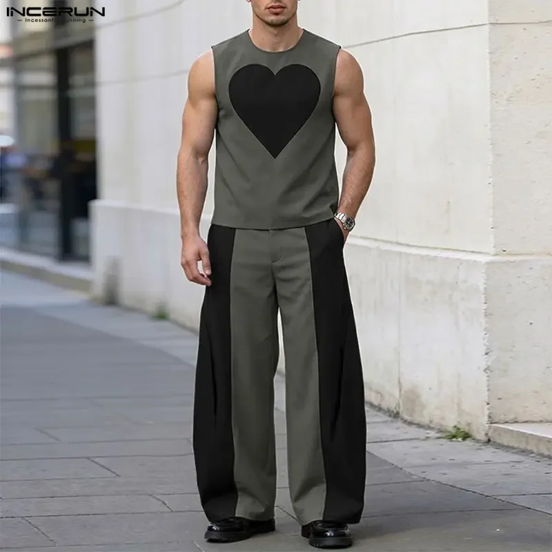 INCERUN Men's Sets Patchwork Color-block Sleeveless Tank Tops Wide Leg Pants Two Piece Sets Streetwear Fashion Men Matching Sets