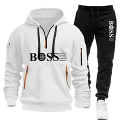 Men's Autumn and Winter New Pullovers Hoodie and Pants 2-piece Set, Outdoor Jogging Windproof Zipper Warm Men's Sportswear