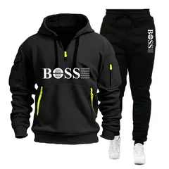 Men's Autumn and Winter New Pullovers Hoodie and Pants 2-piece Set, Outdoor Jogging Windproof Zipper Warm Men's Sportswear