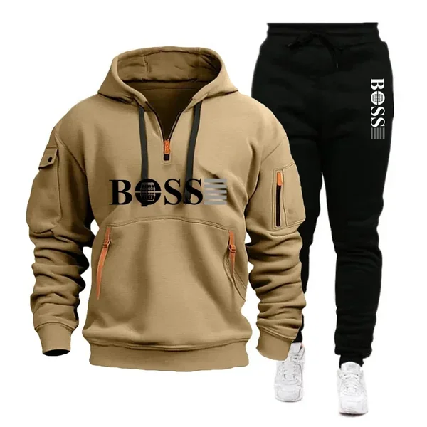 Men's Autumn and Winter New Pullovers Hoodie and Pants 2-piece Set, Outdoor Jogging Windproof Zipper Warm Men's Sportswear