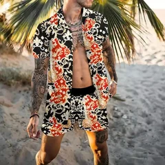 Summer Exquisite Men's Shirt Set Coconut Print Short Sleeve Top Leopard Print Shorts 2 Piece Hawaii Beach Men's Fashion Clothing