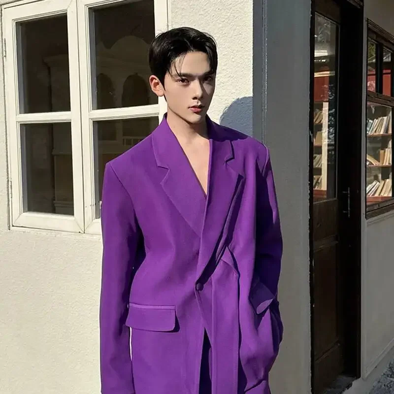 French Romantic Purple Men's Suit Set Chic Casual Niche Design Blazer Coat And Trendy Wide Leg Pants Two Pieces Set 9XC021