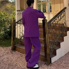 French Romantic Purple Men's Suit Set Chic Casual Niche Design Blazer Coat And Trendy Wide Leg Pants Two Pieces Set 9XC021