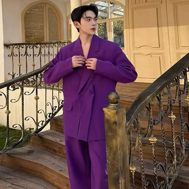 French Romantic Purple Men's Suit Set Chic Casual Niche Design Blazer Coat And Trendy Wide Leg Pants Two Pieces Set 9XC021