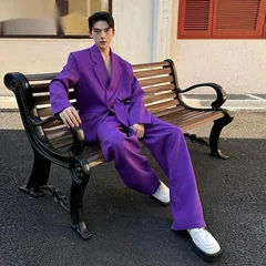 French Romantic Purple Men's Suit Set Chic Casual Niche Design Blazer Coat And Trendy Wide Leg Pants Two Pieces Set 9XC021