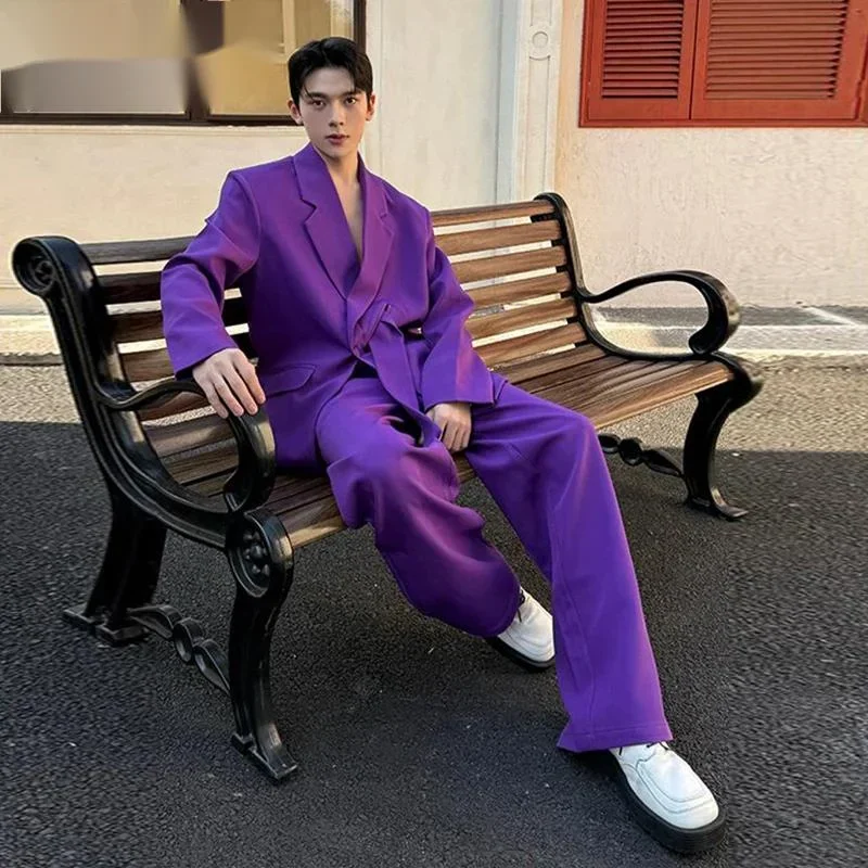 French Romantic Purple Men's Suit Set Chic Casual Niche Design Blazer Coat And Trendy Wide Leg Pants Two Pieces Set 9XC021