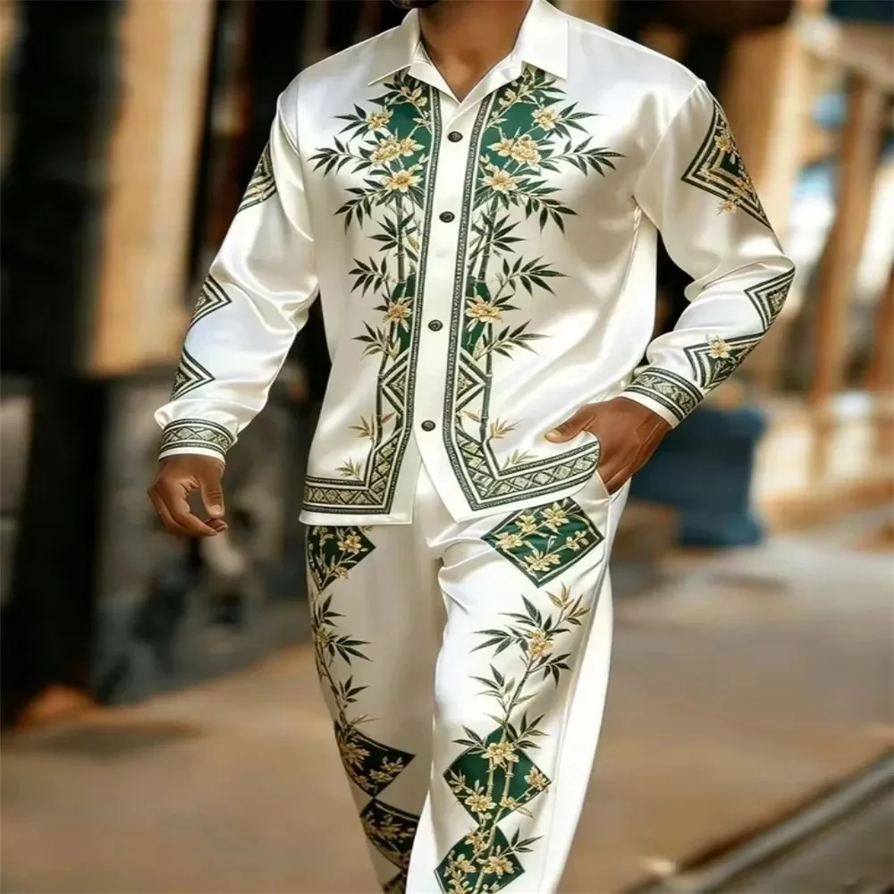 The men's satin shirt set includes two pieces: a long sleeved shirt and pants, suitable for casual daily wear and available for