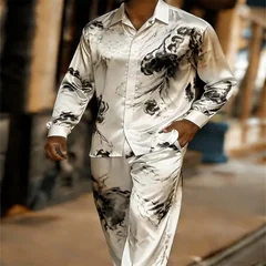 The men's satin shirt set includes two pieces: a long sleeved shirt and pants, suitable for casual daily wear and available for