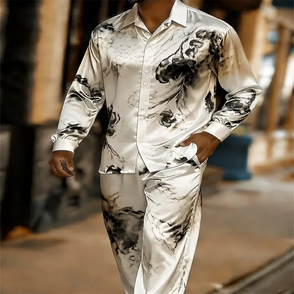 The men's satin shirt set includes two pieces: a long sleeved shirt and pants, suitable for casual daily wear and available for