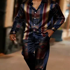 The men's satin shirt set includes two pieces: a long sleeved shirt and pants, suitable for casual daily wear and available for