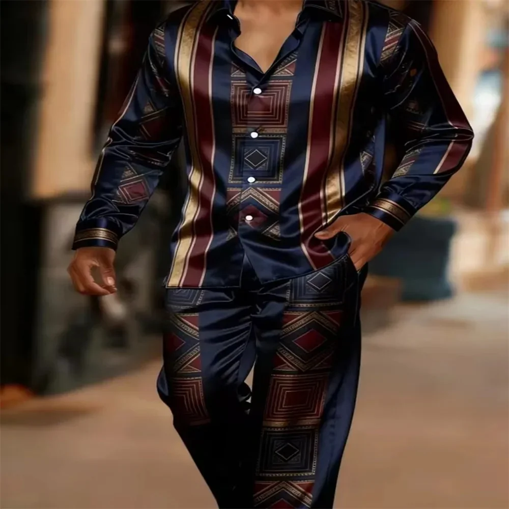 The men's satin shirt set includes two pieces: a long sleeved shirt and pants, suitable for casual daily wear and available for
