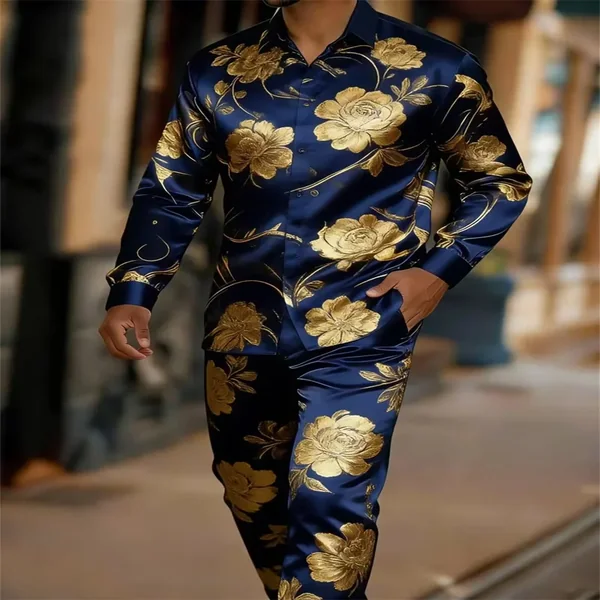 The men's satin shirt set includes two pieces: a long sleeved shirt and pants, suitable for casual daily wear and available for