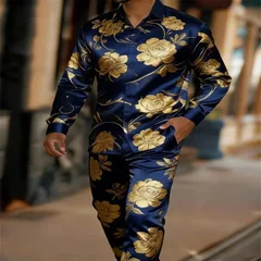 The men's satin shirt set includes two pieces: a long sleeved shirt and pants, suitable for casual daily wear and available for