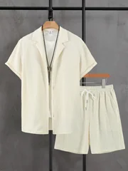 Men's Summer Vacation Set, Breathable Textured Button down Shirt & Straight Leg Shorts