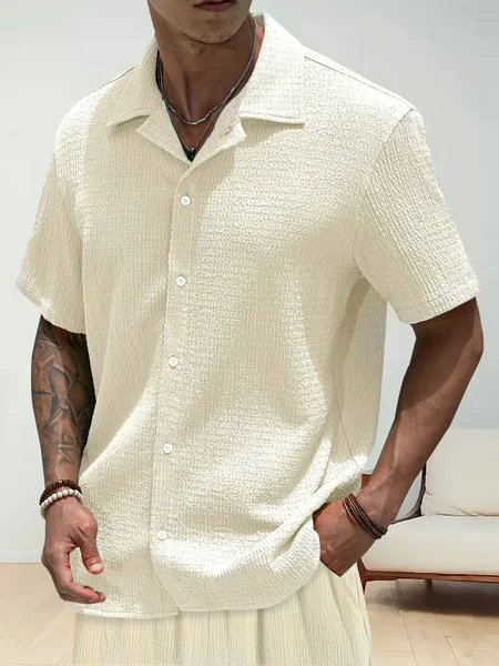 Men's Summer Vacation Set, Breathable Textured Button down Shirt & Straight Leg Shorts