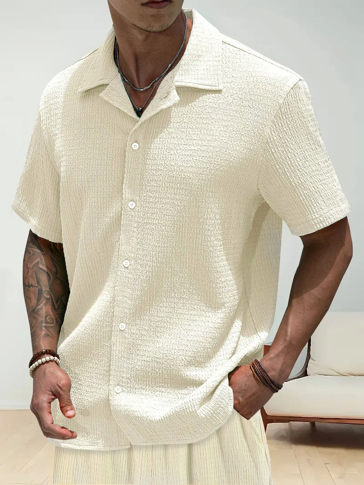 Men's Summer Vacation Set, Breathable Textured Button down Shirt & Straight Leg Shorts