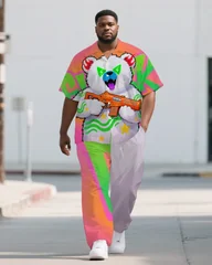 S-9XL Men's Summer Graffiti Bear Print Oversized Shirt & Pants Set Multi-Design Casual 2-Piece Outfit