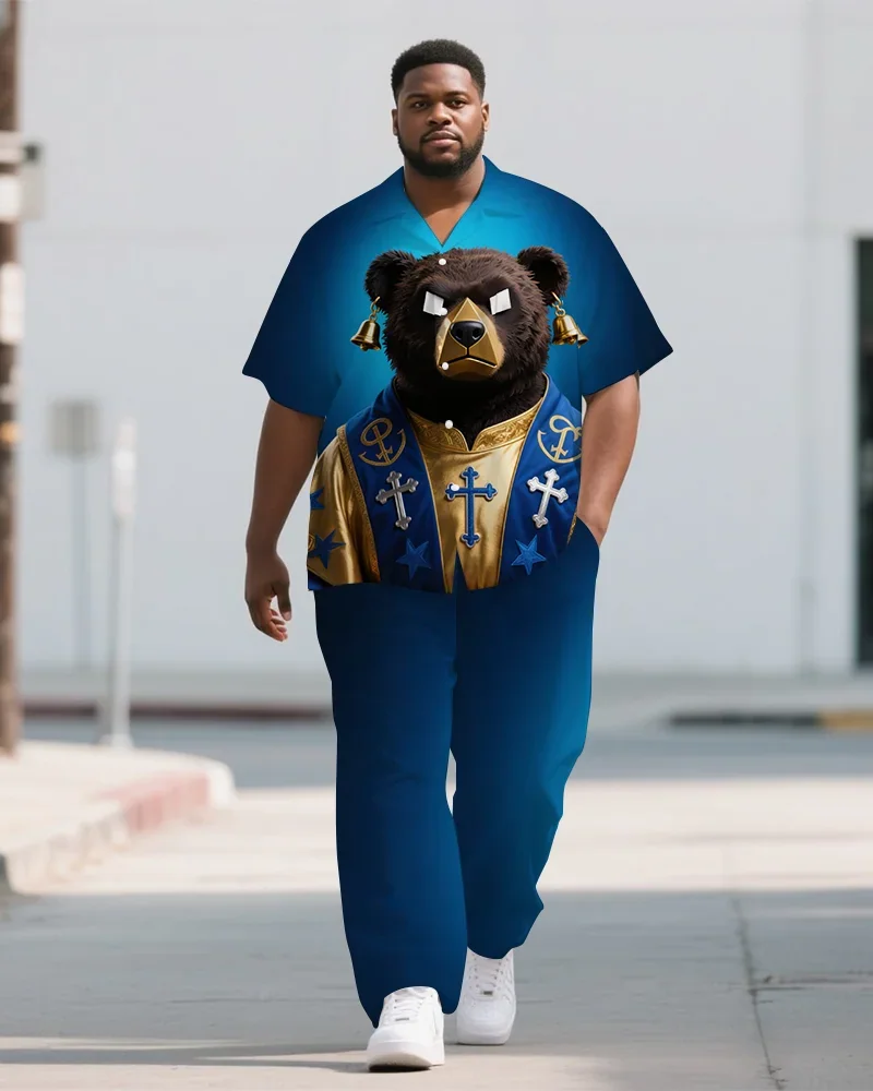 S-9XL Men's Summer Graffiti Bear Print Oversized Shirt & Pants Set Multi-Design Casual 2-Piece Outfit