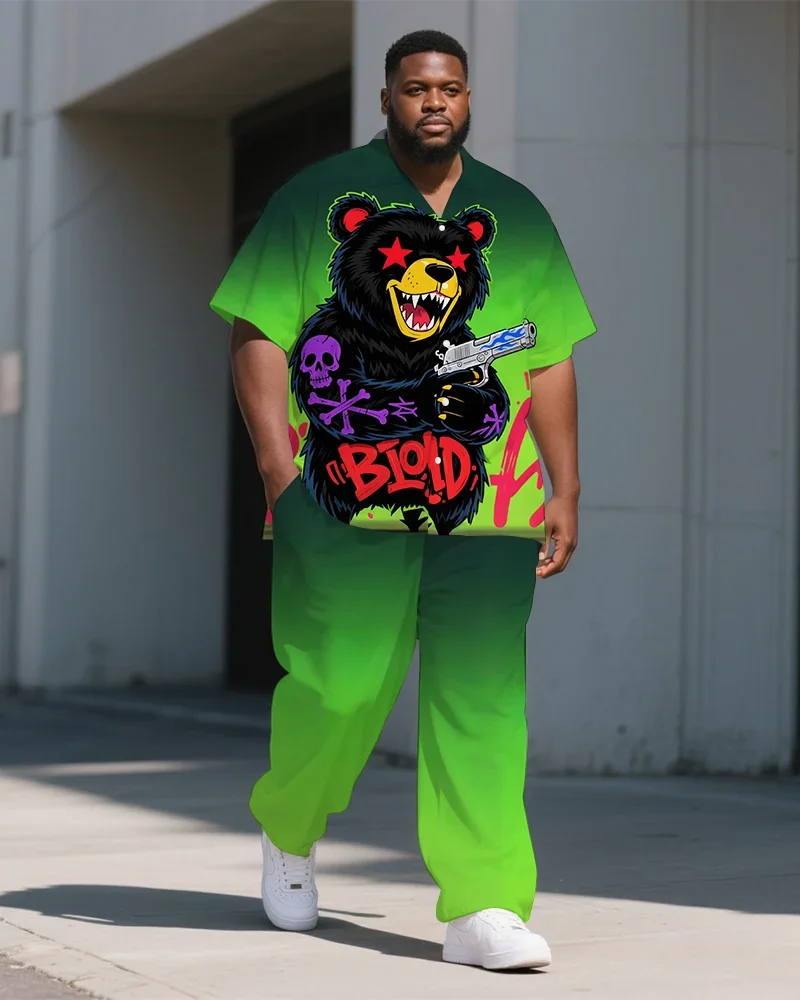 S-9XL Men's Summer Graffiti Bear Print Oversized Shirt & Pants Set Multi-Design Casual 2-Piece Outfit