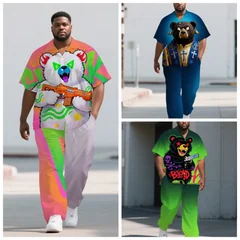 S-9XL Men's Summer Graffiti Bear Print Oversized Shirt & Pants Set Multi-Design Casual 2-Piece Outfit