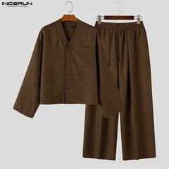 INCERUN Men Sets Solid Color Loose V Neck Long Sleeve Shirt Pants Two Piece Sets Streetwear Casual Tracksuits Men Matching Sets