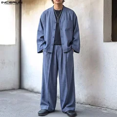 INCERUN Men Sets Solid Color Loose V Neck Long Sleeve Shirt Pants Two Piece Sets Streetwear Casual Tracksuits Men Matching Sets