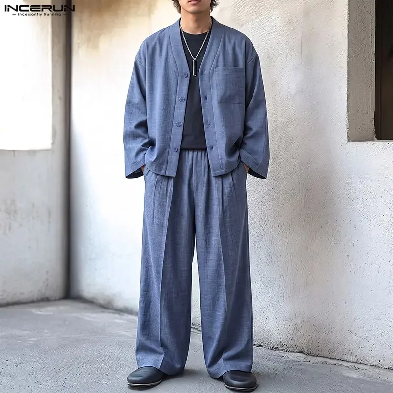 INCERUN Men Sets Solid Color Loose V Neck Long Sleeve Shirt Pants Two Piece Sets Streetwear Casual Tracksuits Men Matching Sets