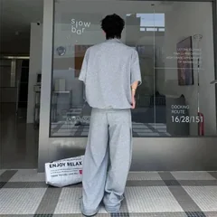 Grey New Summer Men's Two Pieces Set Turn Down Collar Fake Short Sleeve Sweatshirt And Casual Wide Leg Long Pants GPBW